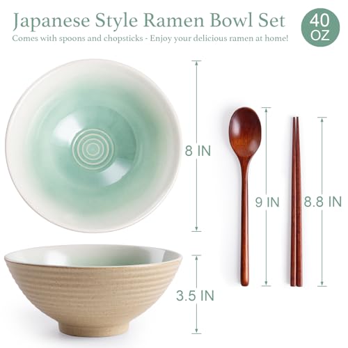 Ceramic Japanese Ramen Bowl Set, 2 Sets Asian Pho Udon Soup Noodle Bowls with Spoons and Chopsticks (Green, 8 inches) - color: Green