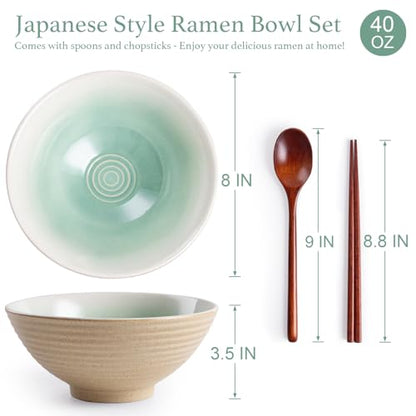 Ceramic Japanese Ramen Bowl Set, 2 Sets Asian Pho Udon Soup Noodle Bowls with Spoons and Chopsticks (Green, 8 inches) - color: Green