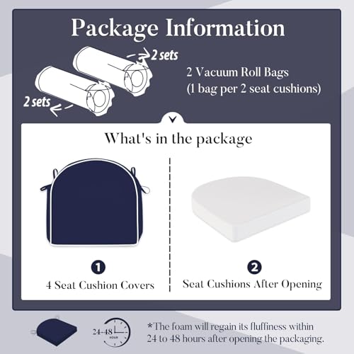 Basic Beyond Outdoor Cushions for Patio Furniture: Waterproof & UV Resistant Outdoor Chair Cushions Set of 4-19 x 19 x 3 Inch Thick Patio Chair Cushions with Ties & Handle, Navy Blue/White - color: Navy/White