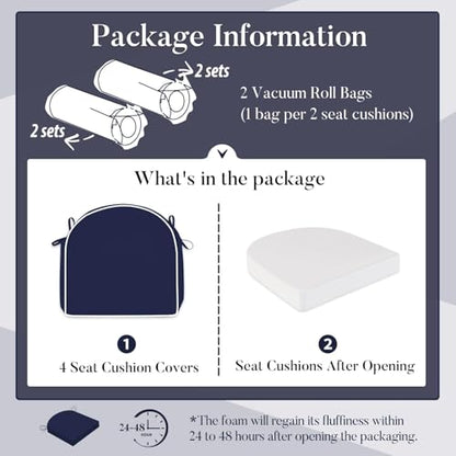 Basic Beyond Outdoor Cushions for Patio Furniture: Waterproof & UV Resistant Outdoor Chair Cushions Set of 4-19 x 19 x 3 Inch Thick Patio Chair Cushions with Ties & Handle, Navy Blue/White - color: Navy/White