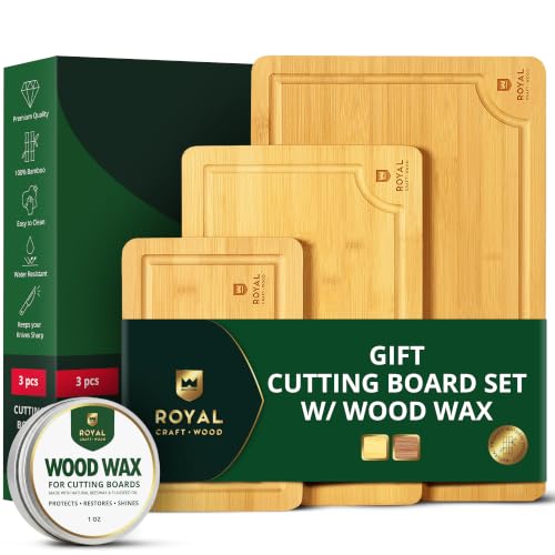 ROYAL CRAFT WOOD Wooden Cutting Boards for Kitchen Meal Prep & Serving - Bamboo Wood Serving Board Set with Deep Juice Groove Side Handles - Charcuterie & Chopping Butcher Block for Meat - color: Natural, size: 3-Piece (Gift_Set)