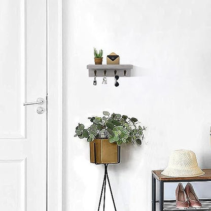 HRONRAD Rustic Key Holder for Wall, Farmhouse Wall Shelf with 4 Hooks, Wall Mounted Key Racks, Wooden Mail Organizer with Hooks for Entryway (Grey) - color: Gray