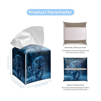 Fantasy Snow Leopard Galaxy PU Leather Tissue Box Cover 5.2 Inch | Galaxy snow leopard design; 5.2 in PU leather hand-stitched tissue cover for bathroom, bedroom, car, office. - color: Blue Leopard