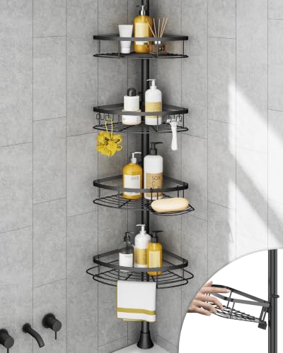 Rustproof Shower Corner Caddy Organizer for Bathroom, 4-Tier Adjustable Bathroom Shelf with Tension Pole, Solid Rack Ideal for Bathtub Storage, 34 to 116 Inch Height, Black - color: Black