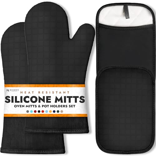 HOMWE Silicone Oven Mitts and Pot Holders for Kitchen & Baking - Set of 4 Heat-Resistant, Heavy-Duty Cooking Mittens w/Non-Slip, Textured Grip (Black) - color: Black, size: 4-Piece Oven Mitts & Pot Holders Set