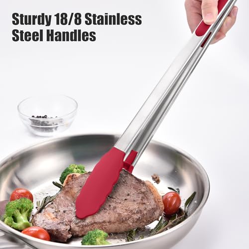 Doosu 600°F Heat Resistant Kitchen Food Tong for Cooking with Non-Scratch Silicone Tips (16in, Red) & 600°F Heat Resistant Spatula Set of 2 for Kitchen Cooking Baking Stirring (Red+Aqua Sky)