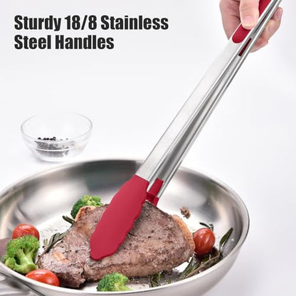 Doosu 600°F Heat Resistant Kitchen Food Tong for Cooking with Non-Scratch Silicone Tips (16in, Red) & 600°F Heat Resistant Spatula Set of 2 for Kitchen Cooking Baking Stirring (Red+Aqua Sky)