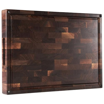 American Black Walnut Wood Cutting Board 20"x15"x2" Large | End Grain Butcher Block, Juice Groove, Inner Handles, Finished with Linseed Oil, Beeswax, Lemon Oil, Giftbox - size: 20 x 15 x 2 in