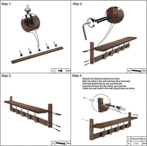 AMBIRD 28.9 Inch Length Shelf with Hooks Entryway Coat Rack Wall Mount Wood Coat Hooks with Shelf Wall-Mounted Coat Hook Rack with 5 Dual Hooks for Bathroom, Living Room, Bedroom (Brown) - size: 28.9inch, style: Retro Brown