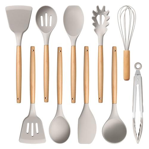 E-far Silicone Cooking Utensils Set, 10-Piece Heat Resistant Kitchen Utensils Set with Wooden Handle for Nonstick Cookware, Kitchen Nonstick Tools Spatula Whisk Tongs Ladle, Non-toxic & Healthy(Khaki) - color: Khaki, size: 10