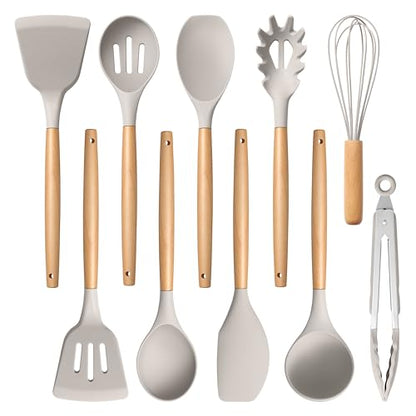 E-far Silicone Cooking Utensils Set, 10-Piece Heat Resistant Kitchen Utensils Set with Wooden Handle for Nonstick Cookware, Kitchen Nonstick Tools Spatula Whisk Tongs Ladle, Non-toxic & Healthy(Khaki) - color: Khaki, size: 10