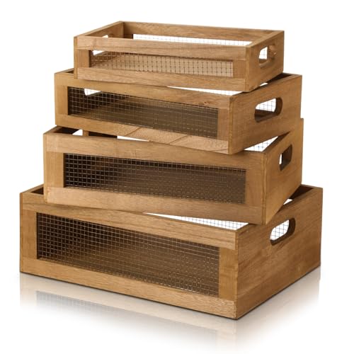 FillTouch 4 Pcs Wooden Nesting Countertop Baskets 4 Size Wooden Storage Box with Handle and Metal Wire Multipurpose Wood Organizer Crate for Fruit Vegetable Kitchen Cabinet Bathroom(Dark Brown,Small) - color: Dark Brown, size: Small
