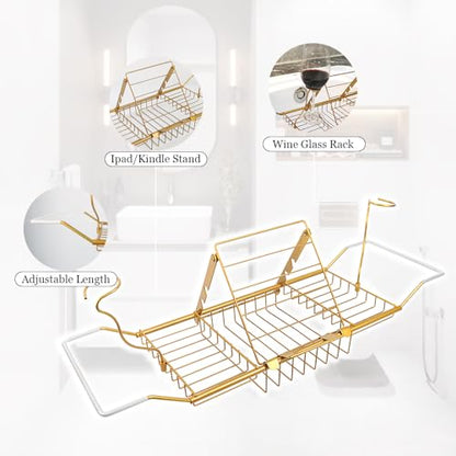 Bathtub Caddy Tray, Expandable Bath Tub Table with Removable Book Holder Red Wine Rack Holder, for Home Kitchen Bathroom,Gold - color: Gold