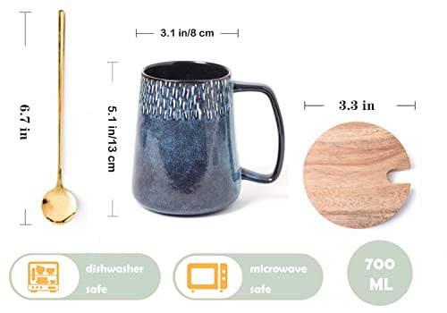 Large Ceramics Coffee Mugs,24 OZ,with Spoon and Wooden Lid,for Coffee,Tea,Large Handle Design,Microwave and Dishwasher Safe(Color:24 oz star blue set) - color: 24 oz star blue set