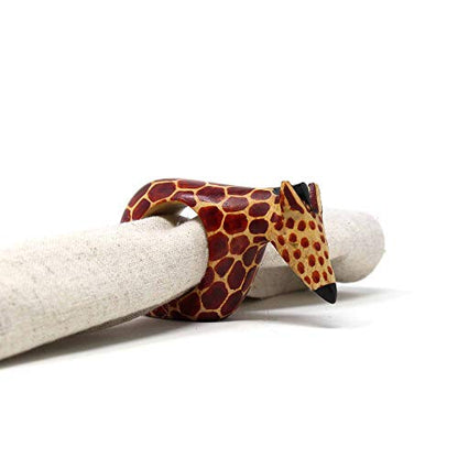KWF012_G - Giraffe Wooden Napkin Rings - Handcarved Mahogany, Set of 6 - color: Giraffe