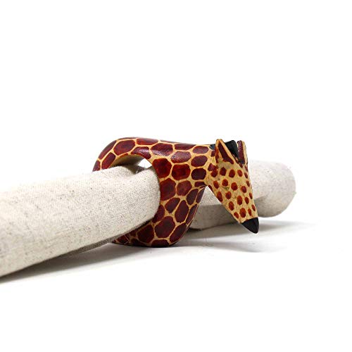 KWF012_G - Giraffe Wooden Napkin Rings - Handcarved Mahogany, Set of 6 - color: Giraffe