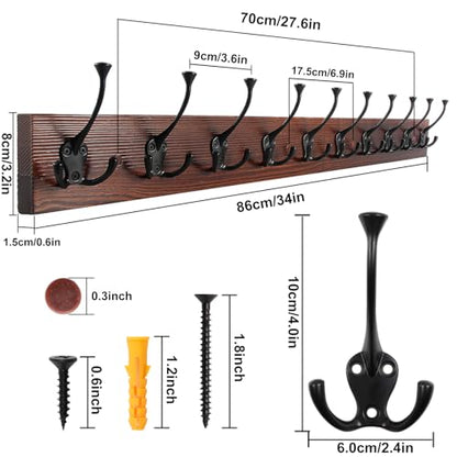 IBosins Brown Wood Wall Mounted Coat Rack, 34" Long with 10 Black Tri-Hooks | Burnt Finish Heavy Duty Wood Coat Hanger, Rustic Coat Hooks Rail for Entryway, Living Room, Coat, Scarf, Bag, Towel, Hat - color: Brown Wood Plate & Black Tri-Hook, size: 1 Item