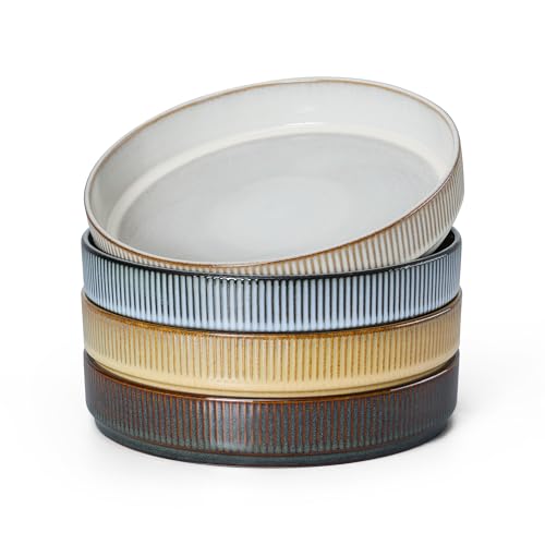E-far Pasta Bowls Set of 4, 35oz Large Salad Bowl Plate for Dinner Serving Soup, Wide & Shallow Ceramic Stoneware Pasta Plates, Microwave & Dishwasher Safe, Reactive Glaze Textured Stripes, Multicolor - color: Multicolor