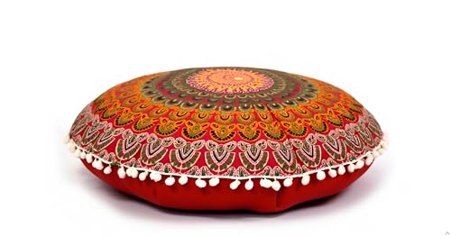 CRAFT KALA 22" Round Mandala Boho Pillow Cover Meditation Room Seating Poufs Cover for Living Room Yoga Room Home Bedroom Balcony Garden Party Decoration Cotton Floor Cushion Cover (Red Yellow) - color: Red Yellow