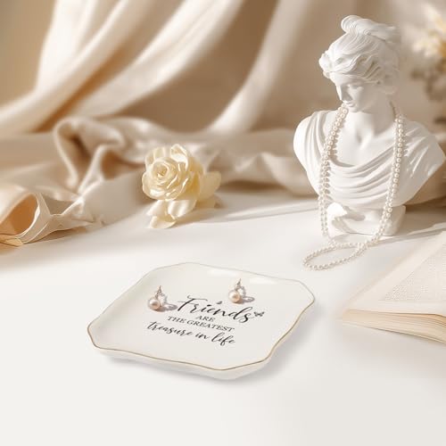 Best Friend Birthday Gifts for Women – Ceramic Jewelry Tray | “Friends are The Greatest Treasure in Life” – Friendship Gifts for Women, Friend Gifts – Ceramic Ring Dish - color: Gold wavy lines-Friend