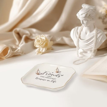 Best Friend Birthday Gifts for Women – Ceramic Jewelry Tray | “Friends are The Greatest Treasure in Life” – Friendship Gifts for Women, Friend Gifts – Ceramic Ring Dish - color: Gold wavy lines-Friend