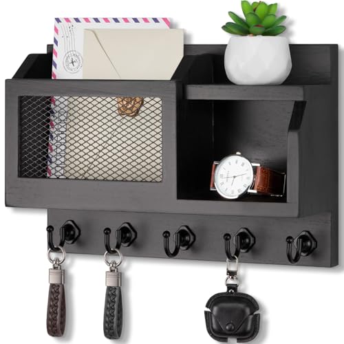 Nekon Key Holder Wall Mount with Mail Slot, 11.8" W x 7.5" H x 3.1" D Modern Farmhouse Key and Mail Organizer with 5 Hooks for Home Decor (Black)