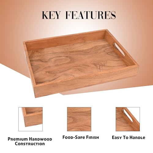 Premium Acacia Wooden Serving Tray with Handles Decorative Serving Trays Platter for Breakfast in Bed, Lunch, Dinner, Appetizers, Patio, Ottoman, Coffee Table | 14’’ x 10’’ x 2’’