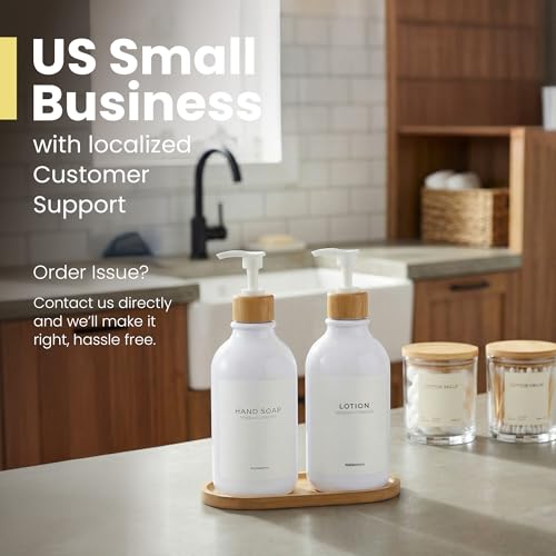MaisoNovo Soap Dispenser Bathroom Set of 2-16.9 oz Bathroom Soap Dispenser Set - White Plastic Bottles x 2 with White Bamboo Pumps & Tray - color: Plastic White Bottles/ White Bamboo Pumps