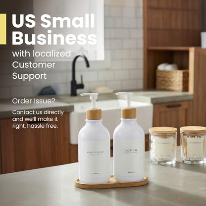 MaisoNovo Soap Dispenser Bathroom Set of 2-16.9 oz Bathroom Soap Dispenser Set - White Plastic Bottles x 2 with White Bamboo Pumps & Tray - color: Plastic White Bottles/ White Bamboo Pumps