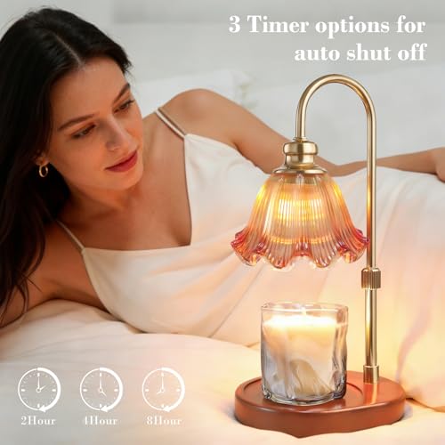 Banbanda Candle Warmer Lamp with Timer Dimmable: Birthday Gifts for Women, Safe Flameless Scent Lamp – Height Adjustable Candle Lamp, Walnut Solid Wood Base, with 2 Bulbs - color: Amber