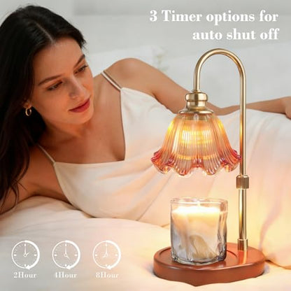 Banbanda Candle Warmer Lamp with Timer Dimmable: Birthday Gifts for Women, Safe Flameless Scent Lamp – Height Adjustable Candle Lamp, Walnut Solid Wood Base, with 2 Bulbs - color: Amber