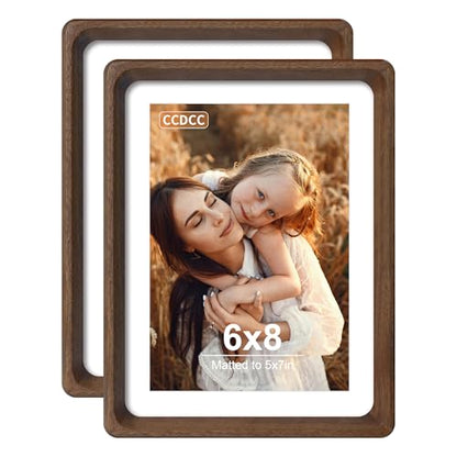 6x8 Picture Frame Set of 2, Natural Walnut Wood Solid Wood 6 by 8 Photo Frames with 5x7 Mat with Real Glass for Wall and Tabletop Display - color: Natural Walnut, size: 6x8-2Pack