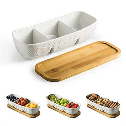 Miamolo Chip and Dip Set Bowl with Divided Serving Tray, Hosting Essentials | Acacia Wood Tray, Ceramic Serving Bowls | Condiment Tray for Dipping Sauces, Party | Kitchen Counter Decor, Microwave Safe - size: Large-11 inches