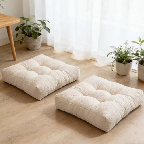 Large Sitting Pillow Set of 2, Floor Pillows Cushions for Adults, Thick Square Yoga Pillows with Tufted Cover for Bedroom Dorm Bay Window, Beige 18x18 in - color: Beige