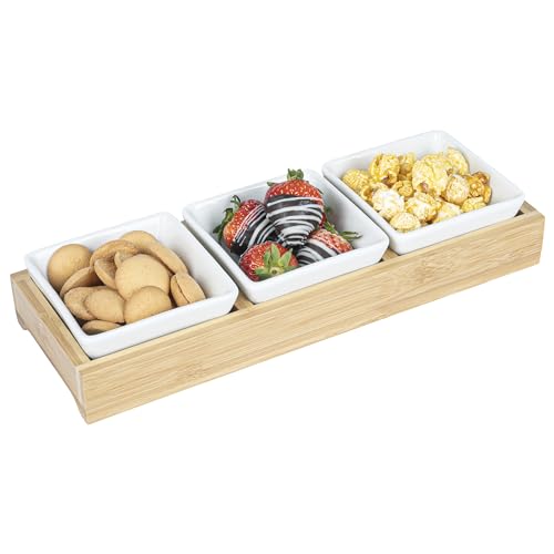 Restaurantware-6 Ounce Bowl Set with Tray - 1 Dishwashable Serving Set, Includes 3 Porcelain Bowls And 1 Bamboo Tray, Durable, White Porcelain And Bamboo Bowl And Platter Kit, Reusable, Freezable - size: Triple set, style: Modern