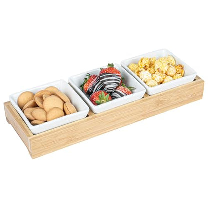 Restaurantware-6 Ounce Bowl Set with Tray - 1 Dishwashable Serving Set, Includes 3 Porcelain Bowls And 1 Bamboo Tray, Durable, White Porcelain And Bamboo Bowl And Platter Kit, Reusable, Freezable - size: Triple set, style: Modern