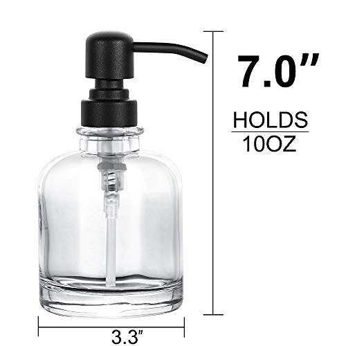 Thick Clear Glass Jar Hand Soap Dispenser Bathroom with Matte Black Stainless Steel Pump, 12ounce Clear Boston Round Bottle Dispenser with Rustproof Pump for Kitchen Dish (Matte Black)
