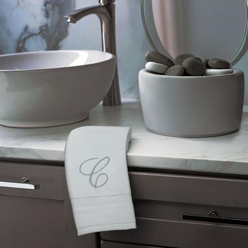 Monogrammed Fingertip Towels, Personalized Gift, 11 x 18 Inches - Set of 4 - Silver Script Embroidery - Extra Absorbent 100% Turkish Cotton- Soft Terry Velour- for Bathroom, Kitchen and Spa- C White - style: Initial C