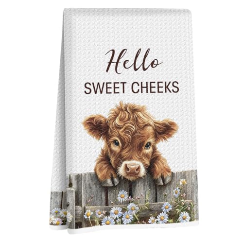 Western Highland Cow Bathroom Decor Towels, Highland Cow Lover Gifts | Farmhouse Hello Sweet Cheeks Hand Towel Decorative Set, Christmas Bathroom Decor, Gift for Moving House, Funny Hand Towels - color: Highland Cow
