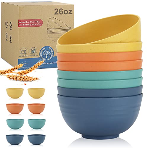 Wheat Straw Bowl Sets,8 PCS Unbreakable Cereal Bowl 26 OZ,Microwave and Dishwasher Safe Bowls,Bowl Sets for Camping and Picnic BPA Free Colorful Salad Bowls for Serving Soup,Oatmeal and Fruit Etc… - color: Navy blue,Green,Yellow,Orange, size: 26 oz