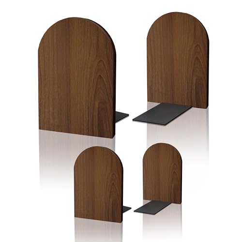Brosisincorp Walnut Wood Large Book Ends for Shelves, Non-Skid Pad, 2 Pairs | 6.69"Hx4.72"Wx3.94"L, Heavy Duty Wooden Bookend with Steel Base for Vinyl Records Office Home Decorative, Hand Polished Edges - color: 2 Pairs-round