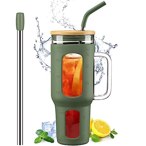 WINSA Glass Tumbler with Lid and Straw, 46 oz, Olive | Iced Coffee Cup with Handle, Large Water Bottle with Silicone Sleeve, Pearl Straw & Drinking Straw, BPA Free - color: Olive, size: 46 Ounces