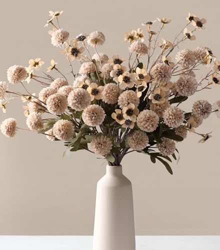 Fake Kiku Flowers, Faux Silk Pompon Mums Artificial Flowers, Chrysanthemum Stems Floral Arrangement Dried Flowers Vintage Decorative Indoor Home Decor Beige with Wax (Vase not Included) - color: 8pcs-beige Wax&kiku
