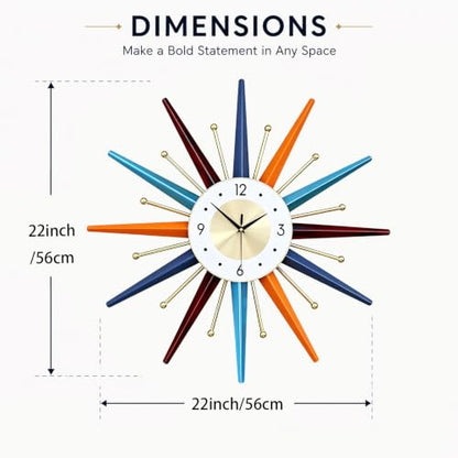 Large Wall Clock 22 Inch, Mid Century Wall Clock Starburst Clock, Retro 3D Metal Decorative Clock Non Ticking Battery Operated for Living Room, Bedroom, Kitchen, Gold