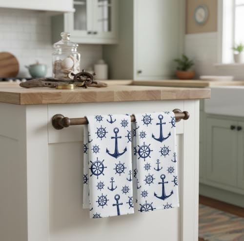Summer Kitchen Dish Towel Set: Fun Nautical Anchor Captains Wheel Design, Set of 2 (Nautical) - color: Nautical