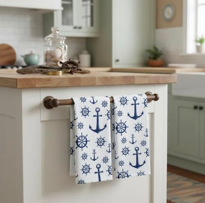 Summer Kitchen Dish Towel Set: Fun Nautical Anchor Captains Wheel Design, Set of 2 (Nautical) - color: Nautical
