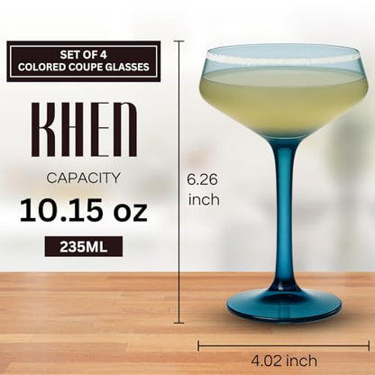 Khen 10.15 Ounce Plastic Acrylic Multicolor Coupe Glasses (Set of 4), Martini Glasses, Champagne Saucers, Reusable, BPA-Free, Shatter-Proof, Dishwasher-Safe, Perfect for Poolside, Outdoors, and More