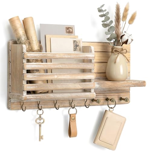 Rebee Vision Key Holder Wall Mount with Mail Slot for Room, Natural Wood | Key Holder for Wall, Pine Wood, 8 Key Hooks for Hats, Floating Shelf, Mail Sorter, Plant Display, Apartment Rustic Aesthetic - color: Natural Wood