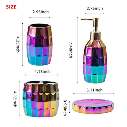 Rainbow Bathroom Accessory Set, Colorful/Gold Mosaic Ceramic Bathroom Accessories Sets Includes Lotion Dispenser, Toothbrush Holder Tumbler, and Soap Dish - color: Rainbow