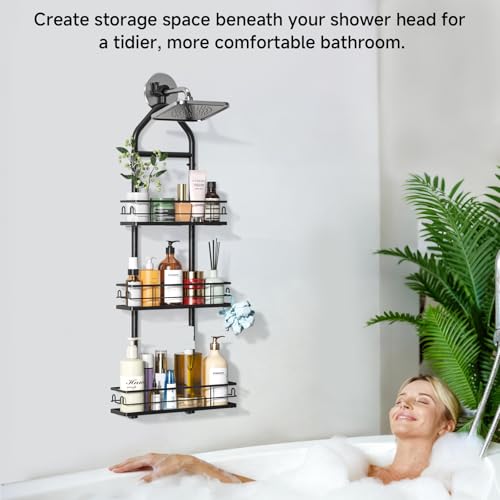 3 Tier Hanging Shower Head Caddy, Adjustable Hanging Shower Caddy Over Showerhead, No Drilling Handing Racks Rustproof for Bathroom Shampoo Soap Storage - style: 3 Tier